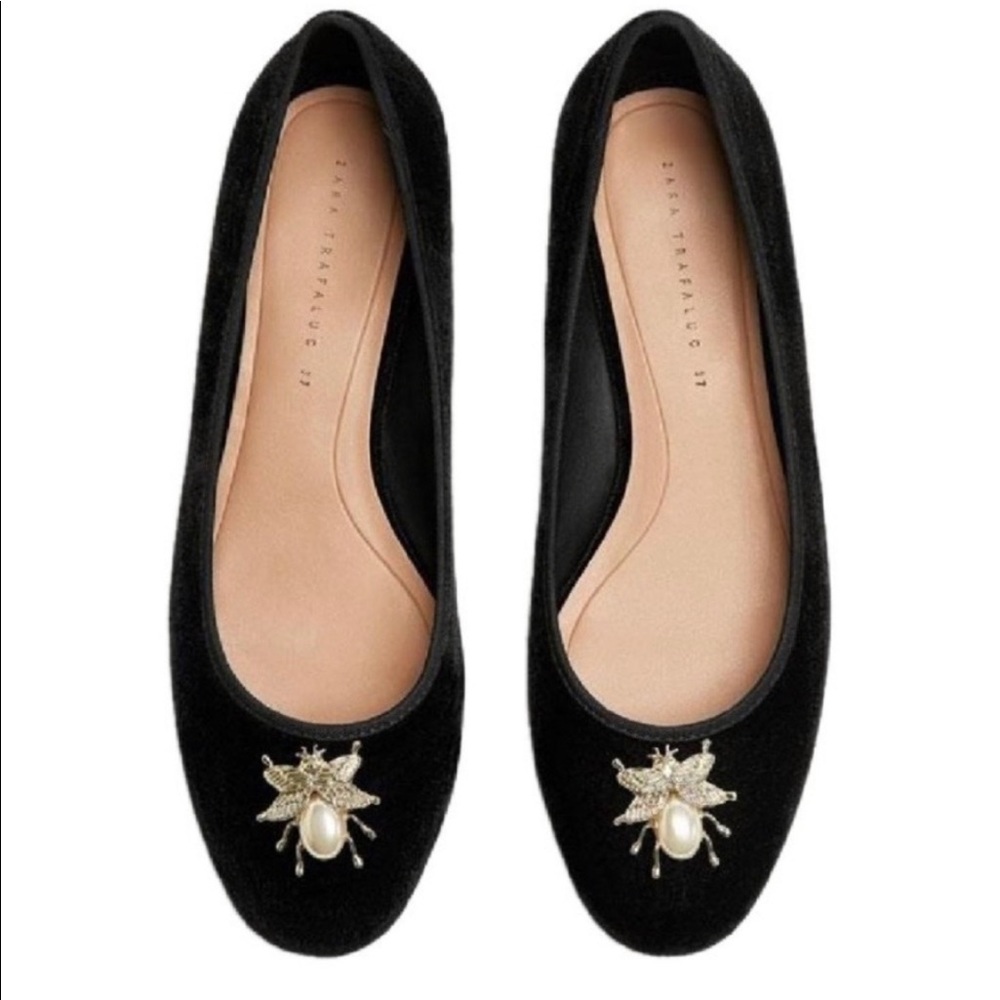 Zara Black Velvet pearl silver bee jewel loafer